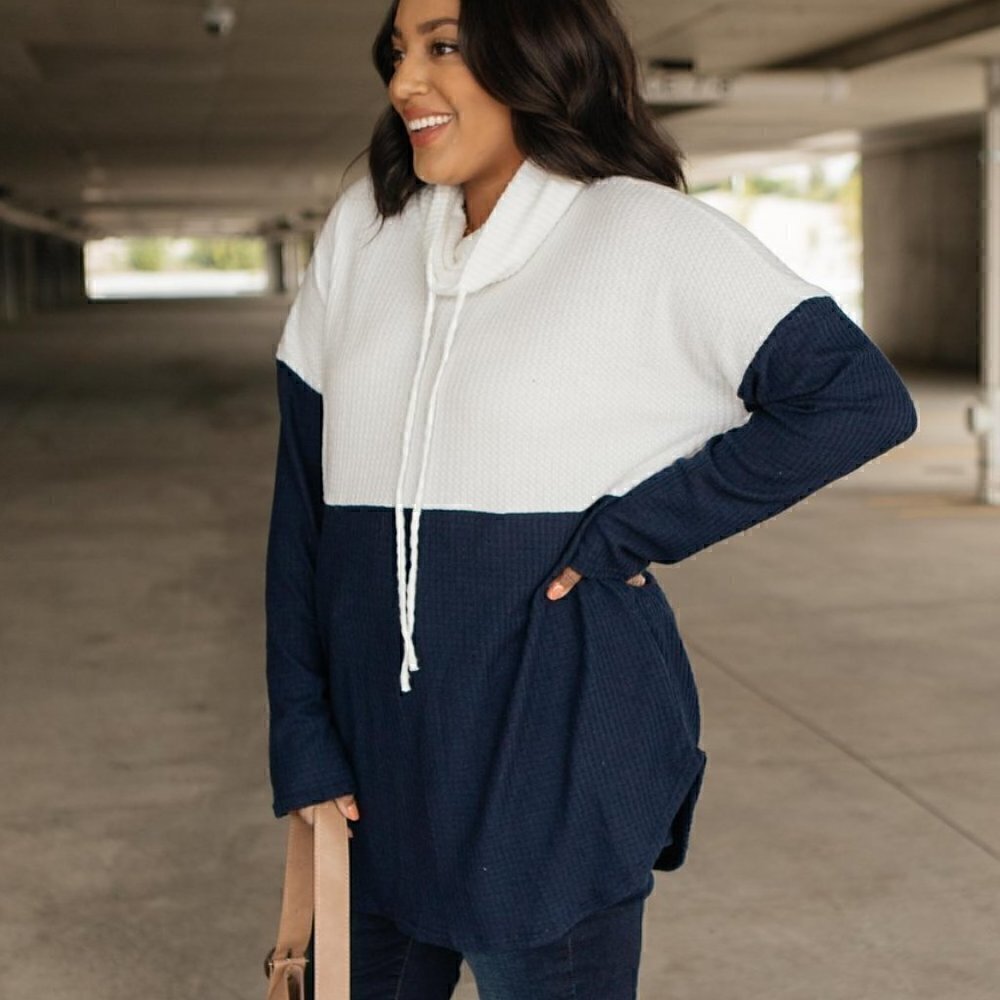 Celeste Blue & White Cowl Neck Sweater w/ Pockets - Picture 4 of 9